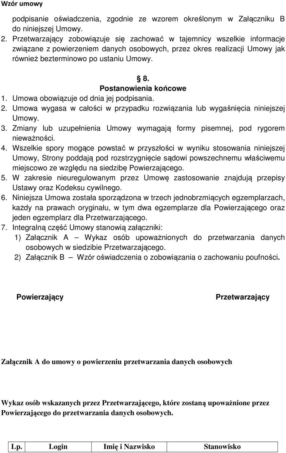 Postanowienia końcowe 1. Umowa obowiązuje od dnia jej podpisania. 2. Umowa wygasa w całości w przypadku rozwiązania lub wygaśnięcia niniejszej Umowy. 3.
