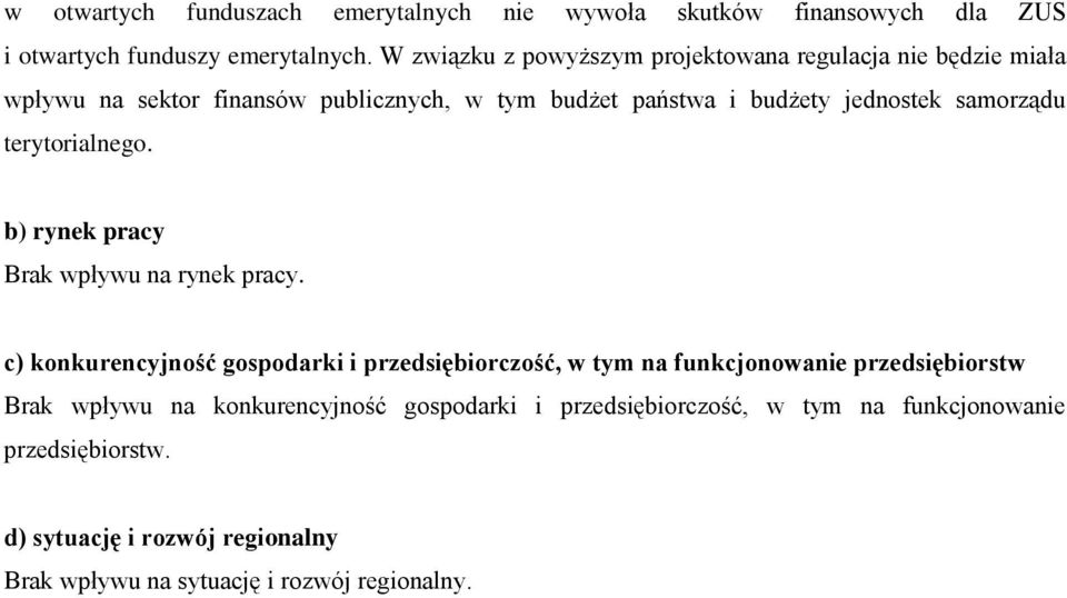 samorządu terytorialnego. b) rynek pracy Brak wpływu na rynek pracy.