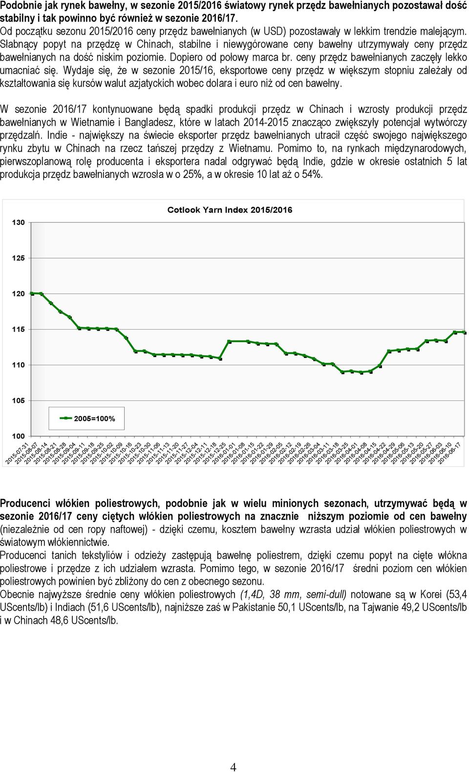 Słabnący popyt na przędzę w Chinach, stabilne i niewygórowane ceny bawełny utrzymywały ceny przędz bawełnianych na dość niskim poziomie. Dopiero od połowy marca br.