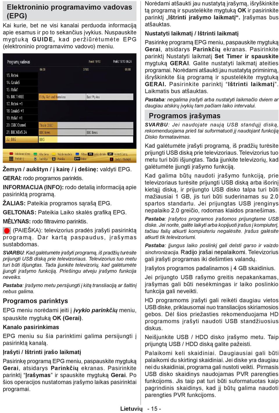 INFORMACIJA (INFO): rodo detalią informaciją apie pasirinktą programą. ŽALIAS: Pateikia programos sąrašą EPG. GELTONAS: Pateikia Laiko skalės grafiką EPG. MĖLYNAS: rodo filtravimo parinktis.
