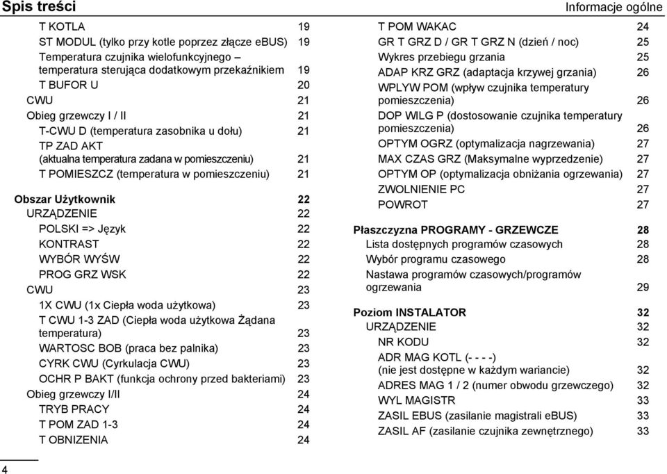Język 22 KONTRAST 22 WYBÓR WYŚW 22 PROG GRZ WSK 22 CWU 23 1X CWU (1x Ciepła woda użytkowa) 23 T CWU 1-3 ZAD (Ciepła woda użytkowa Żądana temperatura) 23 WARTOSC BOB (praca bez palnika) 23 CYRK CWU