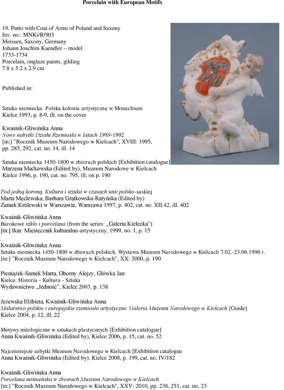 285, 292, cat. no. 14, ill. 14 Marzena Maćkowska (Edited by), Muzeum Narodowe w Kielcach Kielce 1996, p. 190, cat. no. 795, ill. on p. 190 Pod jedną koroną.