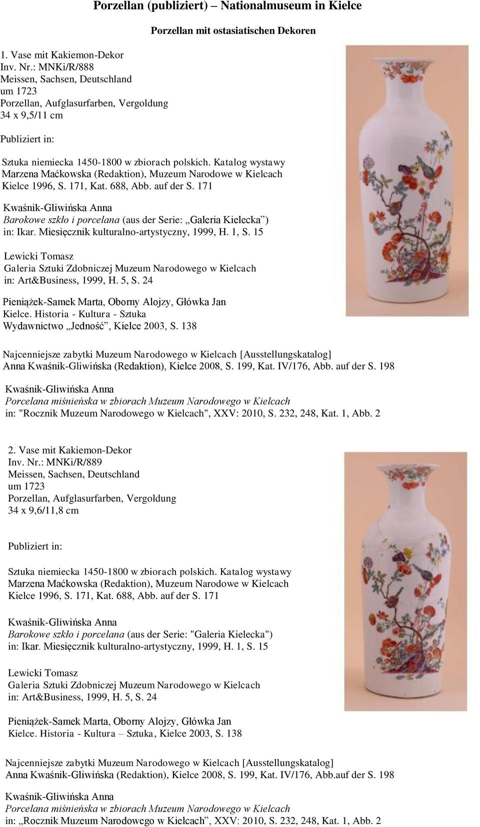 171, Kat. 688, Abb. auf der S. 171 Barokowe szkło i porcelana (aus der Serie: Galeria Kielecka ) in: Ikar. Miesięcznik kulturalno-artystyczny, 1999, H. 1, S.