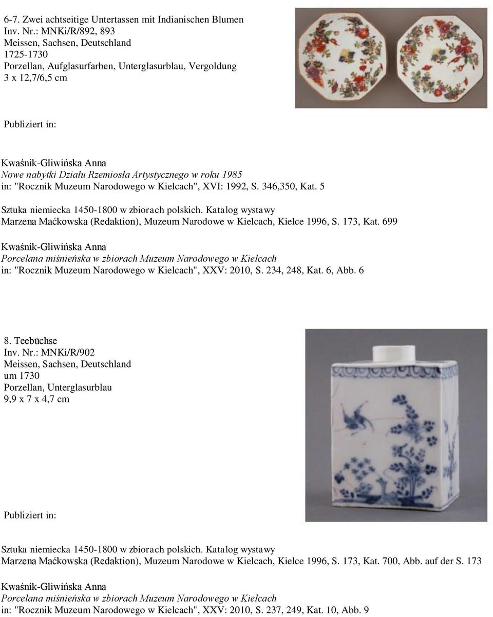 1992, S. 346,350, Kat. 5 Marzena Maćkowska (Redaktion), Muzeum Narodowe w Kielcach, Kielce 1996, S. 173, Kat. 699 in: "Rocznik Muzeum Narodowego w Kielcach", XXV: 2010, S.