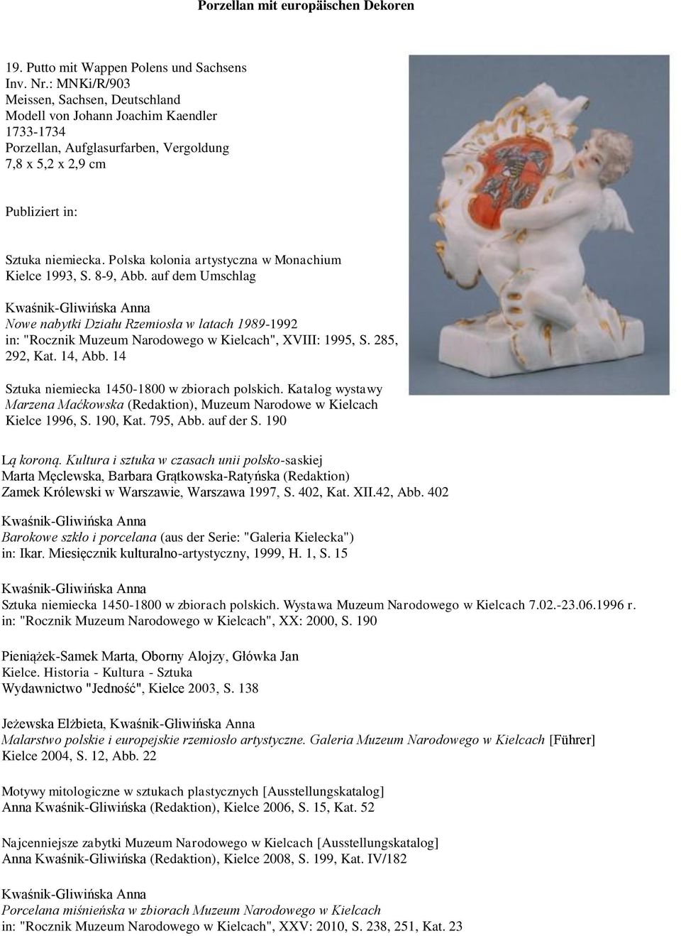 285, 292, Kat. 14, Abb. 14 Marzena Maćkowska (Redaktion), Muzeum Narodowe w Kielcach Kielce 1996, S. 190, Kat. 795, Abb. auf der S. 190 Lą koroną.