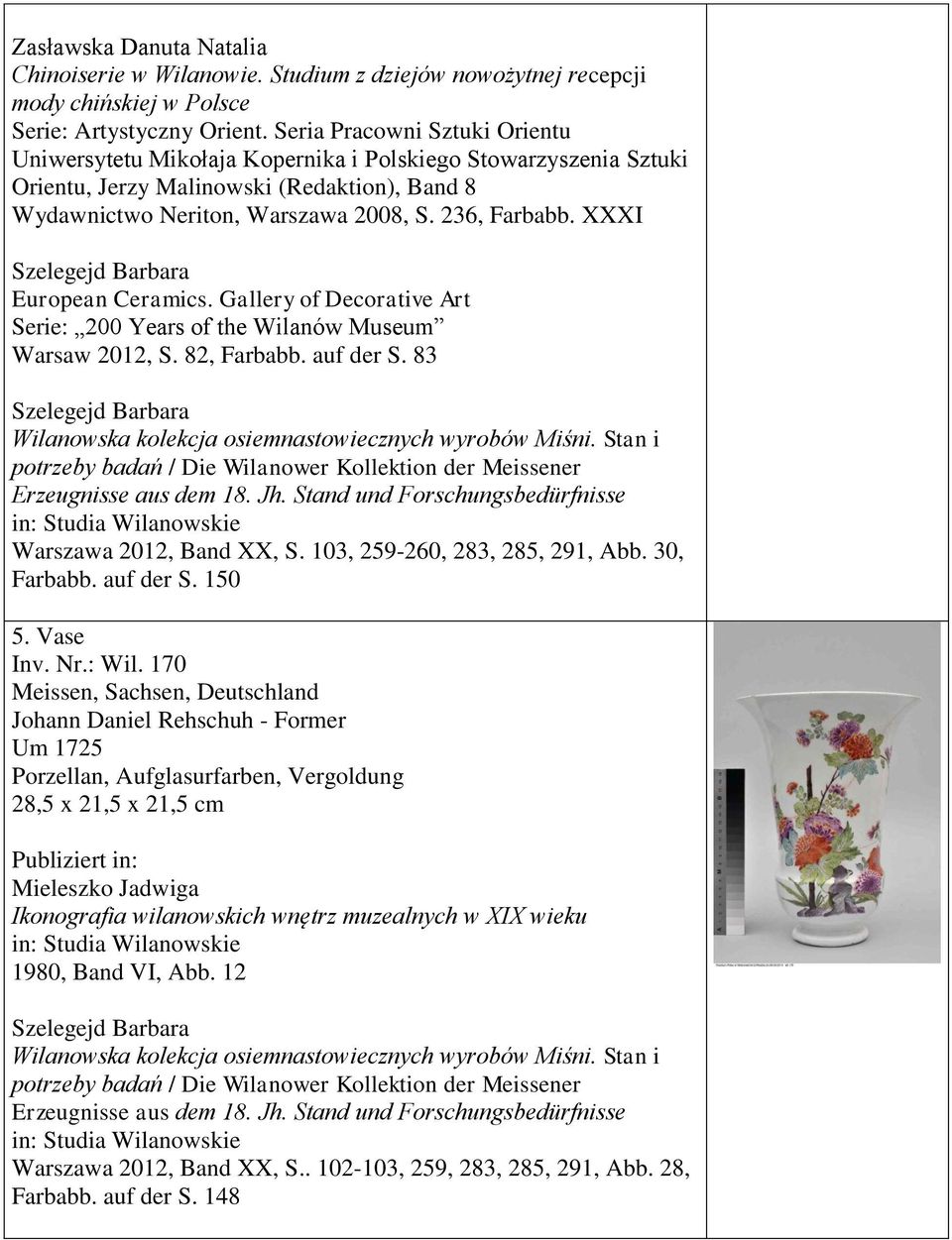 XXXI European Ceramics. Gallery of Decorative Art Serie: 200 Years of the Wilanów Museum Warsaw 2012, S. 82, Farbabb. auf der S. 83 Warszawa 2012, Band XX, S. 103, 259-260, 283, 285, 291, Abb.