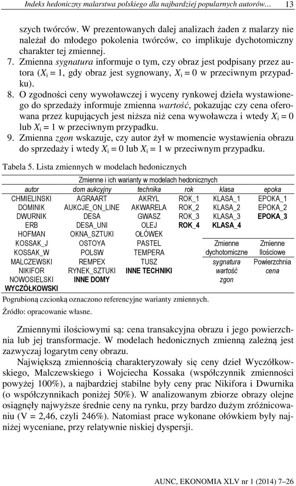 Zmienna sygnatura informuje o tym, czy obraz jest podpisany przez autora (X i = 1, gdy obraz jest sygnowany, X i = 0 w przeciwnym przypadku). 8.