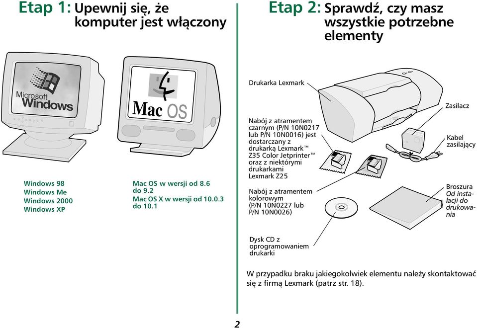 1 Nabój z atramentem czarnym (P/N 10N0217 lub P/N 10N0016) jest dostarczany z drukarką Lexmark Z35 Color Jetprinter oraz z niektórymi drukarkami Lexmark Z25