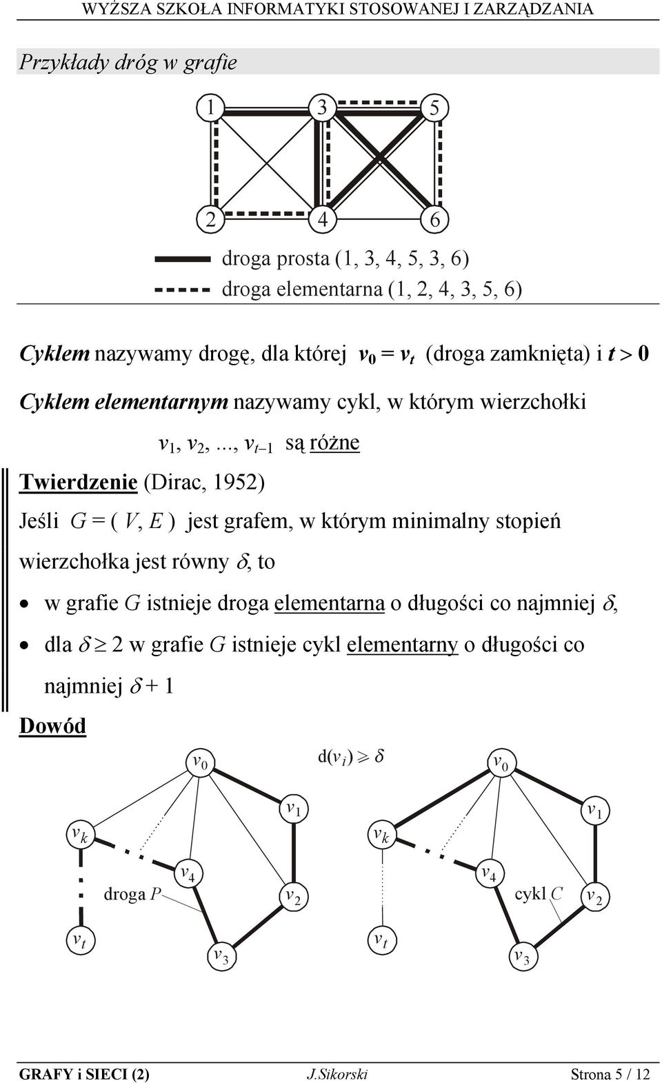 .., v t są różne Twierdzenie (Dirac, 9) Jeśli G = ( V, E ) jest grafem, w którym minimalny stopień wierzchołka jest równy δ, to w grafie G istnieje