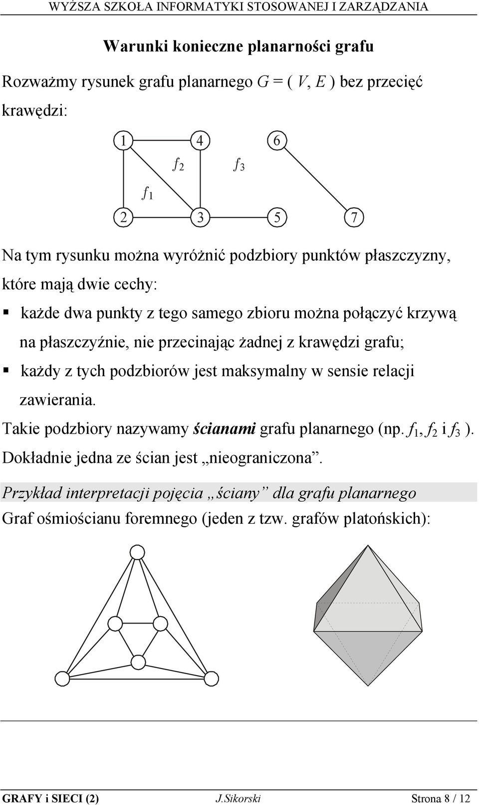 każdy z tych podzbiorów jest maksymalny w sensie relacji zawierania. Takie podzbiory nazywamy ścianami grafu planarnego (np. f, f i f 3 ).