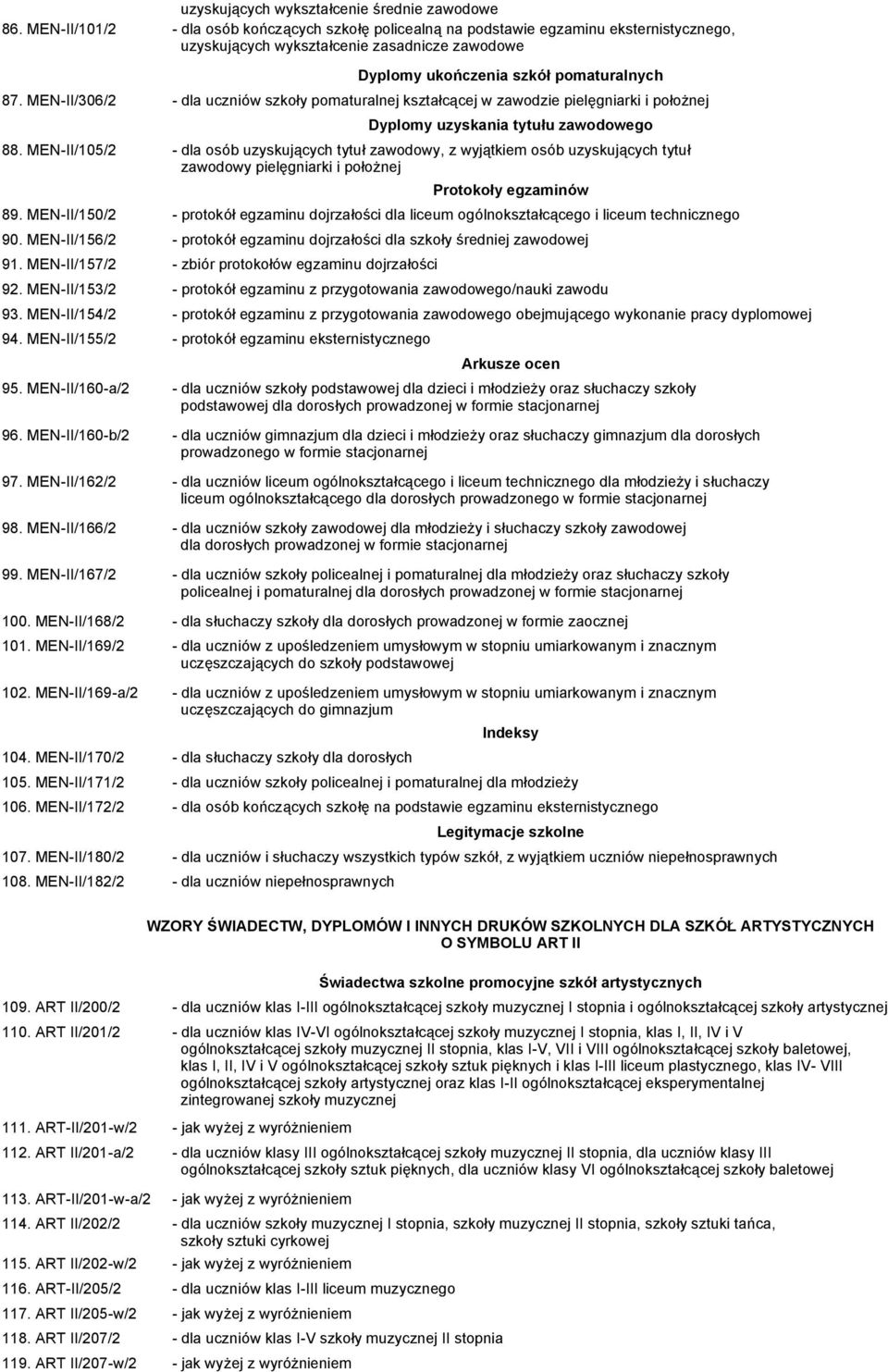 MEN-II/306/2 - dla uczniów szkoły pomaturalnej kształcącej w zawodzie pielęgniarki i położnej Dyplomy uzyskania tytułu zawodowego 88.