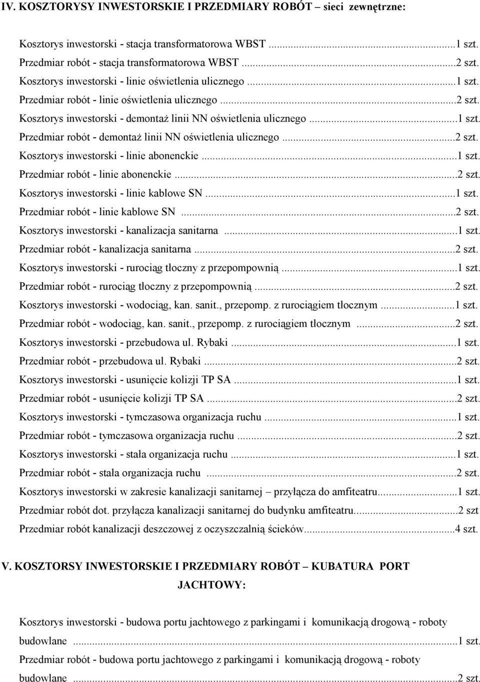 ..2 szt. Kosztorys inwestorski - linie abonenckie...1 szt. Przedmiar robót - linie abonenckie...2 szt. Kosztorys inwestorski - linie kablowe SN...1 szt. Przedmiar robót - linie kablowe SN...2 szt. Kosztorys inwestorski - kanalizacja sanitarna.