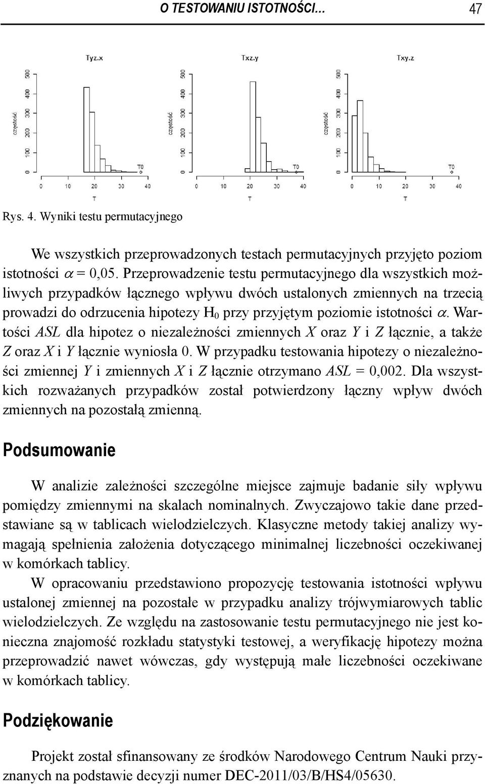 Wartości ASL dla hipotez o iezależości zmieych X oraz Y i Z łączie, a także Z oraz X i Y łączie wyiosła 0.