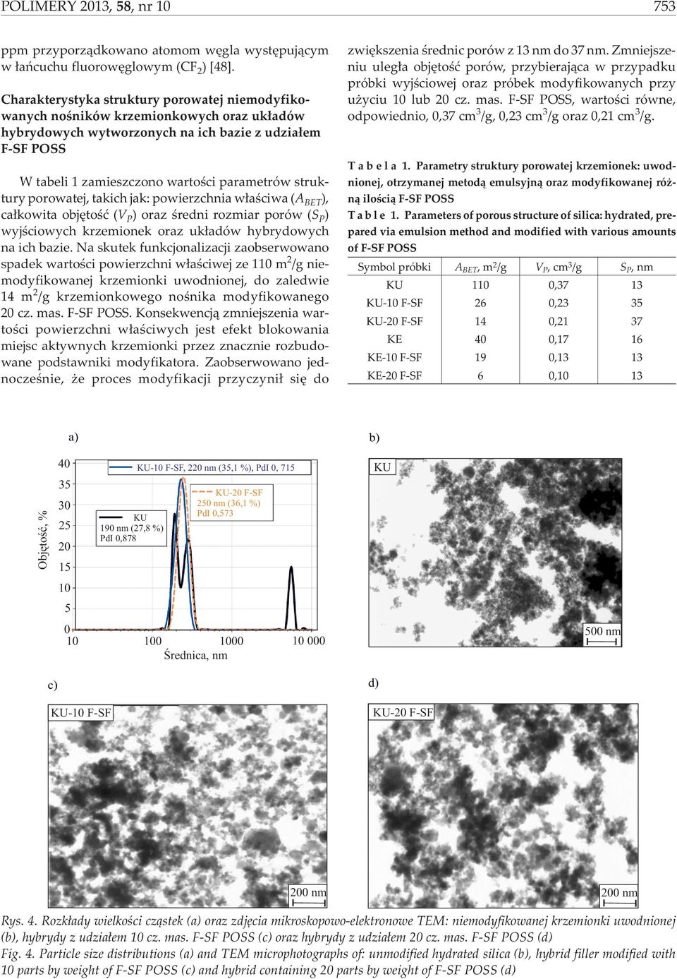 struktury porowatej, takich jak: powierzchnia w³aœciwa (A BET ), ca³kowita objêtoœæ (V P ) oraz œredni rozmiar porów (S P ) wyjœciowych krzemionek oraz uk³adów hybrydowych na ich bazie.