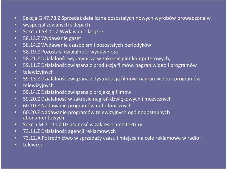 Z Działalność związana z produkcją filmów, nagrań wideo i programów telewizyjnych 59.13.Z Działalność związana z dystrybucją filmów, nagrań wideo i programów telewizyjnych 59.14.