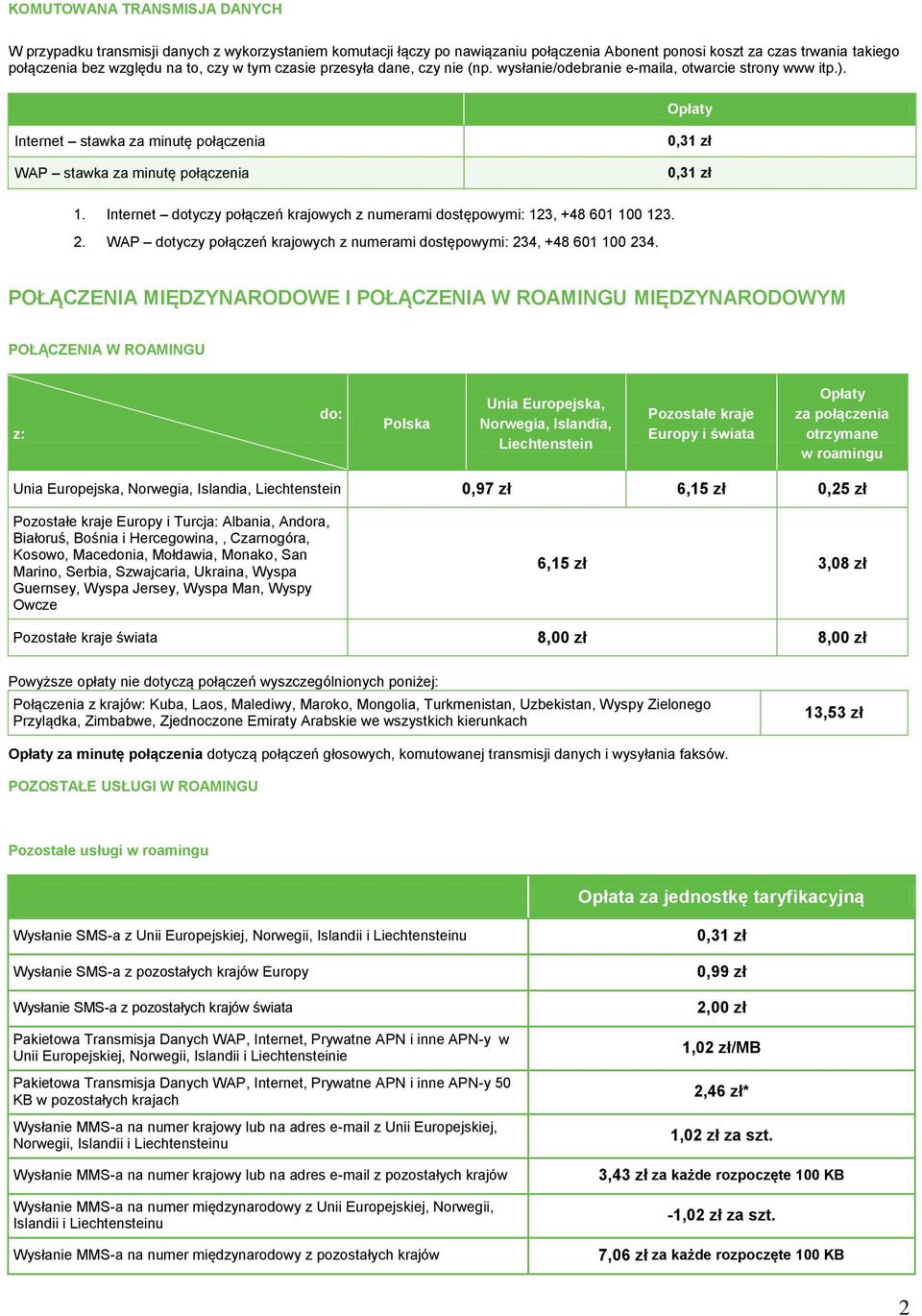 Internet dotyczy połączeń krajowych z numerami dostępowymi: 123, +48 601 100 123. 2. WAP dotyczy połączeń krajowych z numerami dostępowymi: 234, +48 601 100 234.