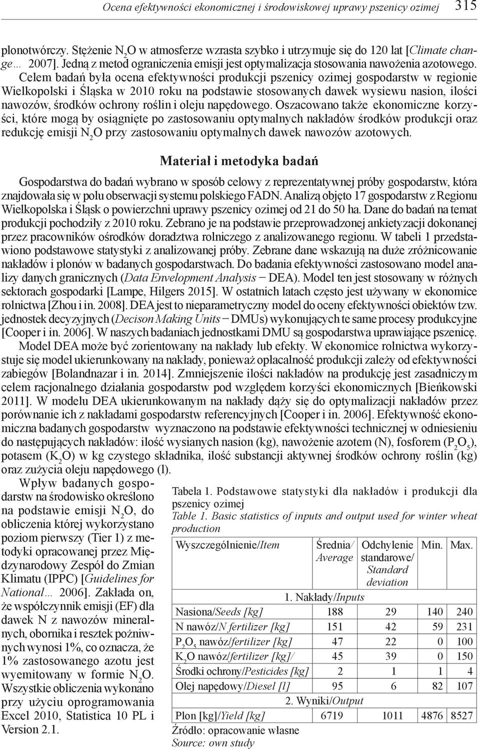 Celem badań była ocena efektywności produkcji pszenicy ozimej gospodarstw w regionie Wielkopolski i Śląska w 2010 roku na podstawie stosowanych dawek wysiewu nasion, ilości nawozów, środków ochrony