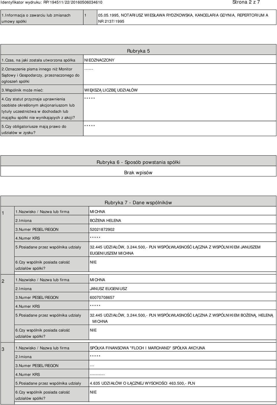 Czy statut przyznaje uprawnienia osobiste określonym akcjonariuszom lub tytuły uczestnictwa w dochodach lub majątku spółki nie wynikających z akcji? 5.