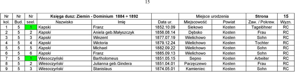 19 Wielichowo Kosten Sohn RC 4 5 4 Kapski Wictoria 1879.12.24 Wielichowo Kosten Tochter RC 5 5 5 Kapski Michael 1882.09.