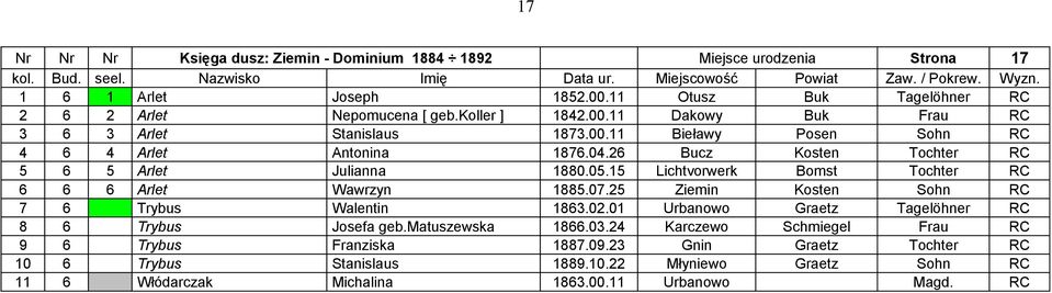 25 Ziemin Kosten Sohn RC 7 6 Trybus Walentin 1863.02.01 Urbanowo Graetz Tagelöhner RC 8 6 Trybus Josefa geb.matuszewska 1866.03.