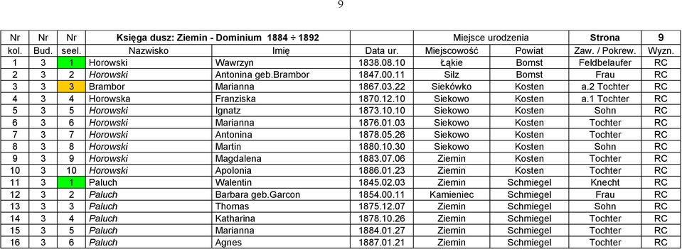 01.03 Siekowo Kosten Tochter RC 7 3 7 Horowski Antonina 1878.05.26 Siekowo Kosten Tochter RC 8 3 8 Horowski Martin 1880.10.30 Siekowo Kosten Sohn RC 9 3 9 Horowski Magdalena 1883.07.