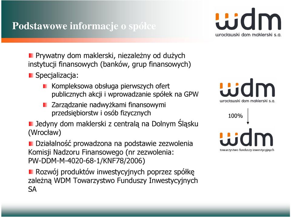 fizycznych Jedyny dom maklerski z centralą na Dolnym Śląsku (Wrocław) Działalność prowadzona na podstawie zezwolenia Komisji Nadzoru Finansowego