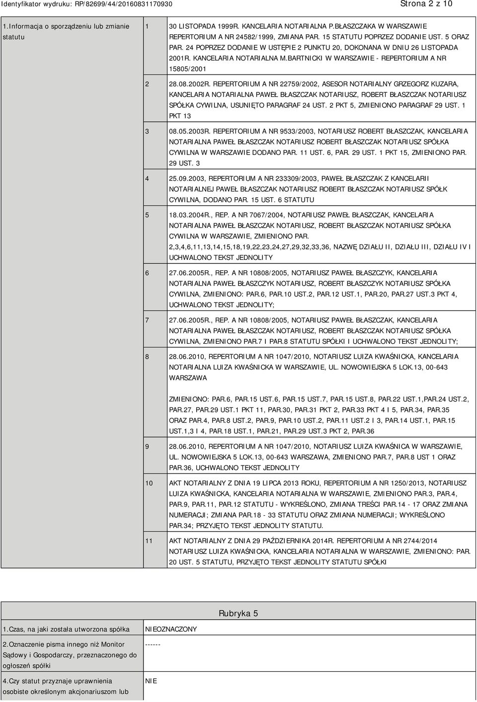 BARTNICKI W WARSZAWIE - REPERTORIUM A NR 15805/2001 2 28.08.2002R.