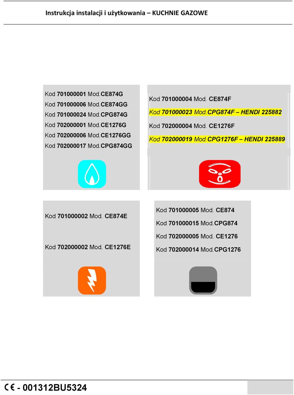 CE874F Kod 701000023 Mod.CPG874F HENDI 225882 Kod 702000004 Mod. CE1276F Kod 702000019 Mod.