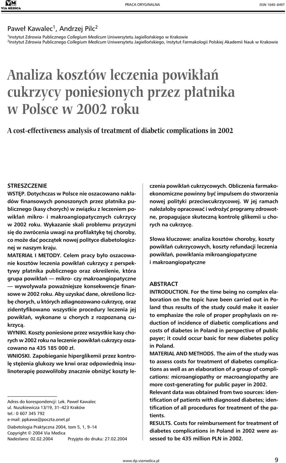 cost-effectiveness analysis of treatment of diabetic complications in 2002 STRESZCZENIE WSTĘP.