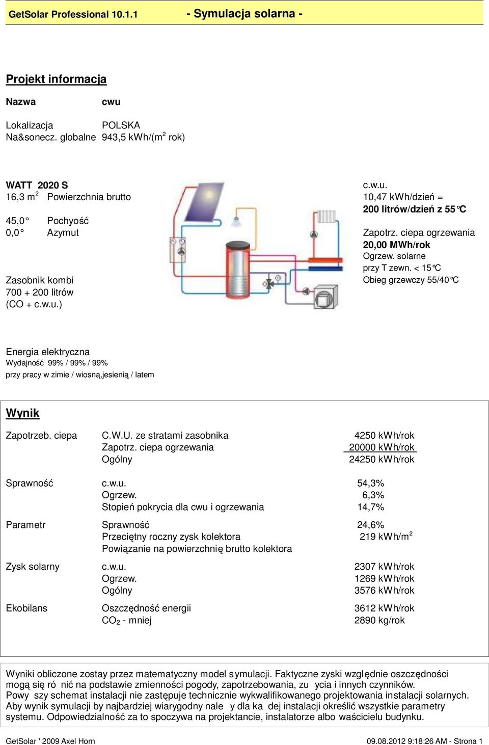 ciepa ogrzewania 20,00 MWh/rok Ogrzew. solarne przy T zewn. < 15 C Obieg grzewczy 55/40 C Energia elektryczna Wydajność 99% / 99% / 99% przy pracy w zimie / wiosną,jesienią / latem Wynik Zapotrzeb.