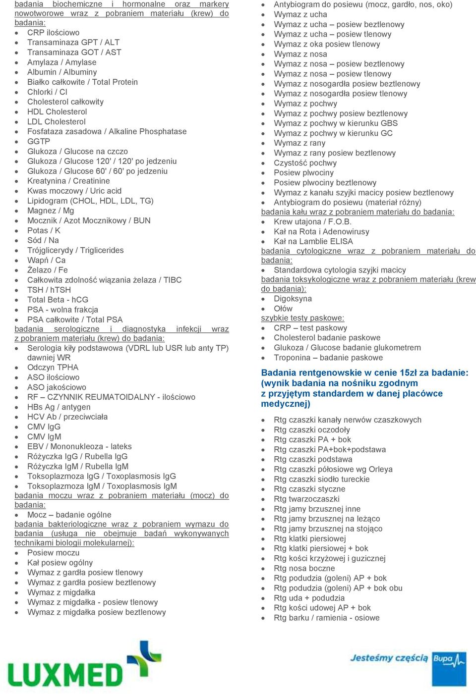 Glucose 120' / 120' po jedzeniu Glukoza / Glucose 60' / 60' po jedzeniu Kreatynina / Creatinine Kwas moczowy / Uric acid Lipidogram (CHOL, HDL, LDL, TG) Magnez / Mg Mocznik / Azot Mocznikowy / BUN