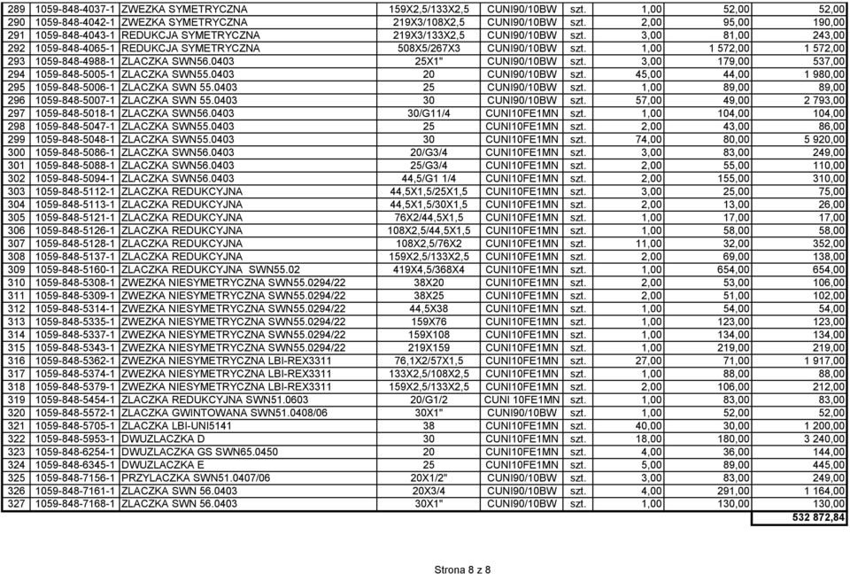 1,00 1 572,00 1 572,00 293 1059-848-4988-1 ZLACZKA SWN56.0403 25X1" CUNI90/10BW szt. 3,00 179,00 537,00 294 1059-848-5005-1 ZLACZKA SWN55.0403 20 CUNI90/10BW szt.