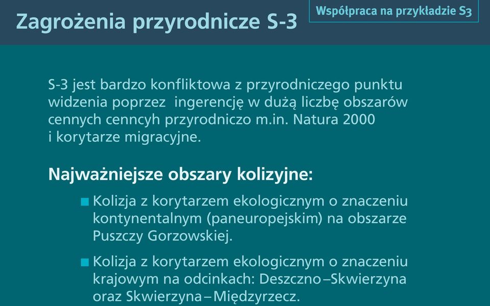 Najważniejsze obszary kolizyjne: Kolizja z korytarzem ekologicznym o znaczeniu kontynentalnym (paneuropejskim) na