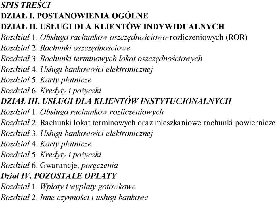 Kredyty i pożyczki DZIAŁ III. USŁUGI DLA KLIENTÓW INSTYTUCJONALNYCH Rozdział 1. Obsługa rachunków rozliczeniowych Rozdział 2.