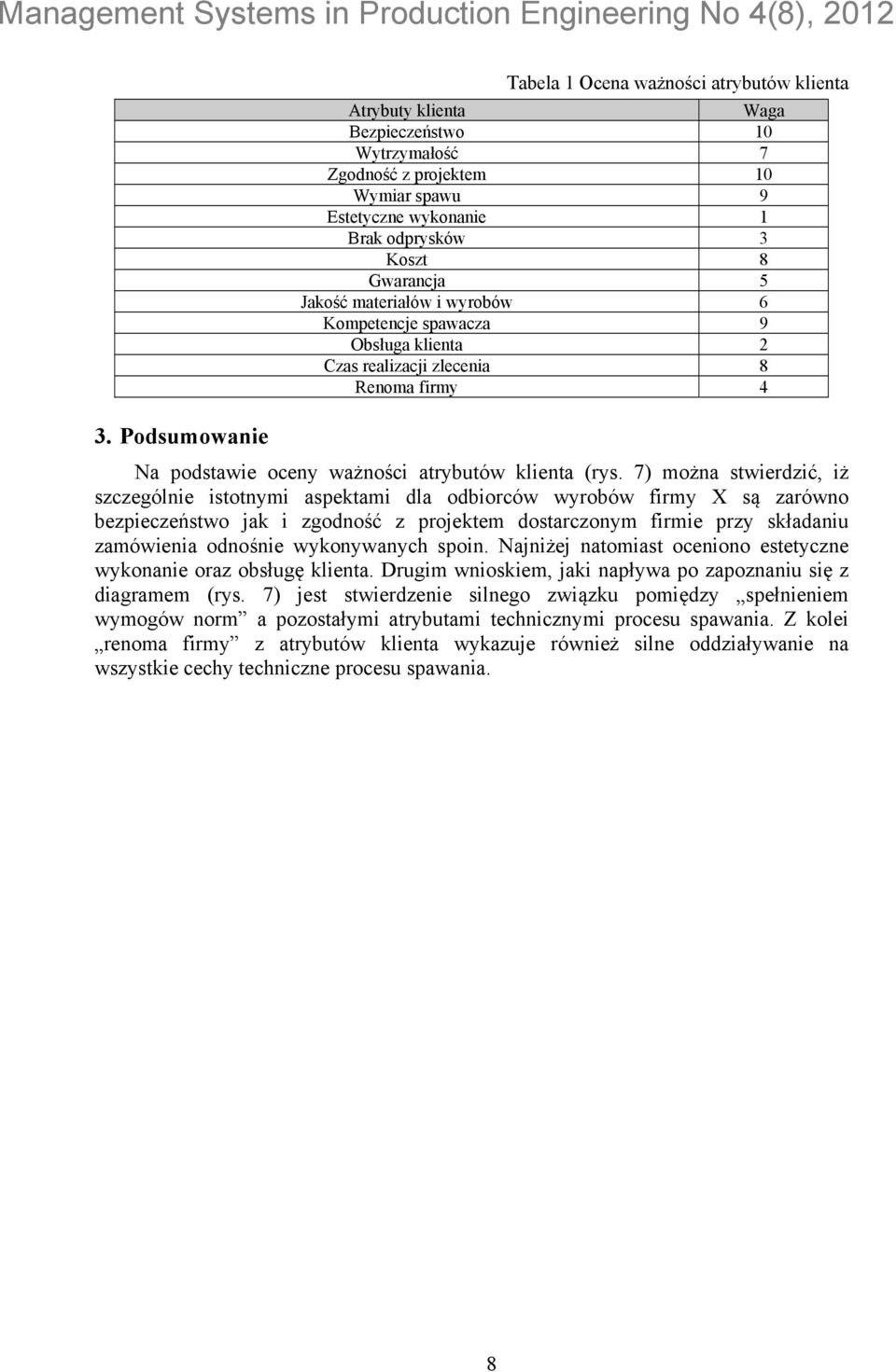 7) można stwierdzić, iż szczególnie istotnymi aspektami dla odbiorców wyrobów firmy X są zarówno bezpieczeństwo jak i zgodność z projektem dostarczonym firmie przy składaniu zamówienia odnośnie