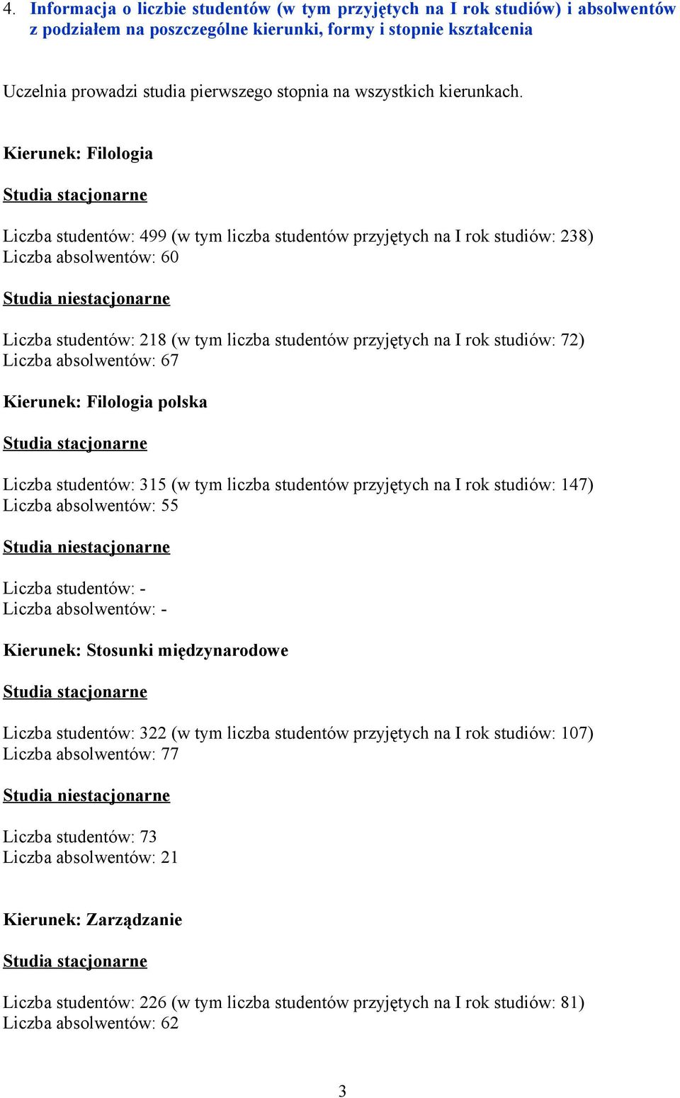 Kierunek: Filologia Liczba studentów: 499 (w tym liczba studentów przyjętych na I rok studiów: 238) Liczba absolwentów: 60 Studia niestacjonarne Liczba studentów: 218 (w tym liczba studentów