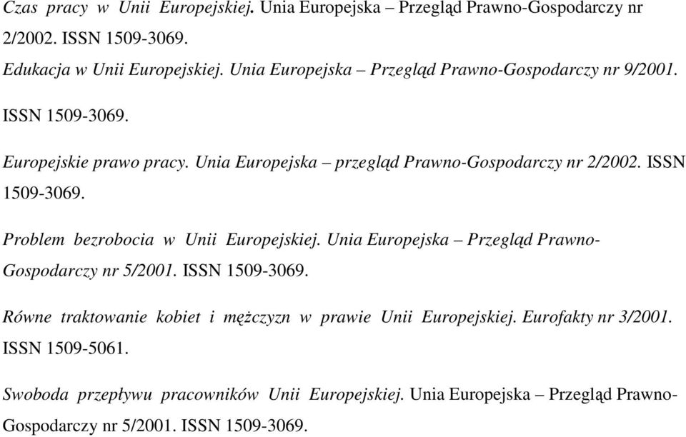 ISSN 1509-3069. Problem bezrobocia w Unii Europejskiej. Unia Europejska Przegląd Prawno- Gospodarczy nr 5/2001. ISSN 1509-3069.