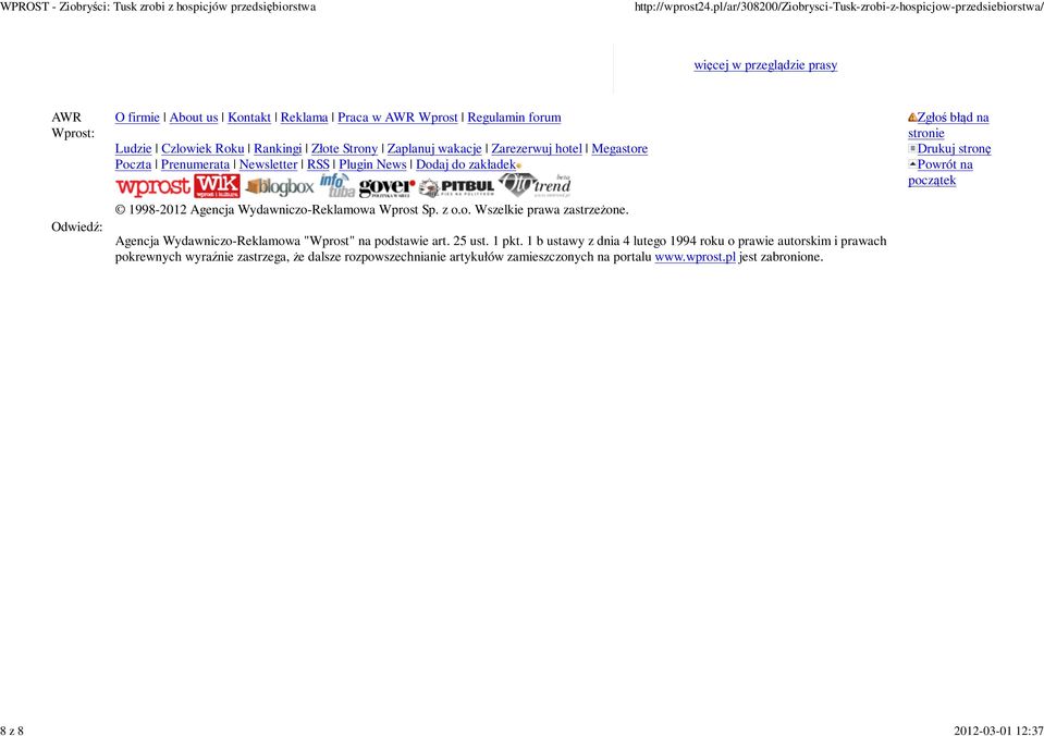 Agencja Wydawniczo-Reklamowa "Wprost" na podstawie art. 25 ust. 1 pkt.