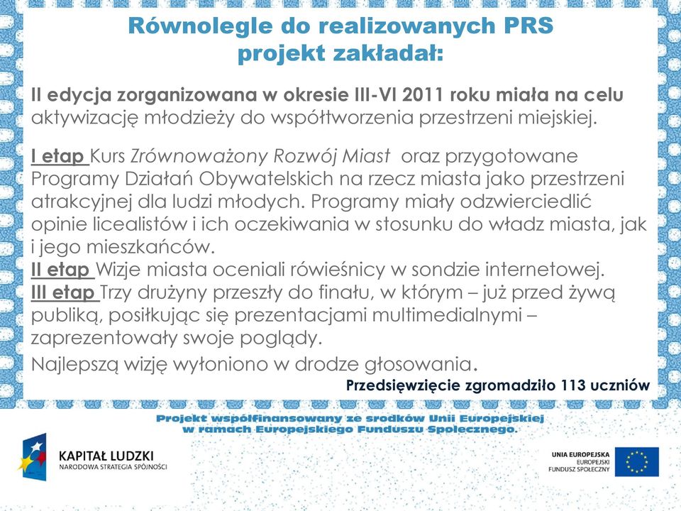 Programy miały odzwierciedlić opinie licealistów i ich oczekiwania w stosunku do władz miasta, jak i jego mieszkańców. II etap Wizje miasta oceniali rówieśnicy w sondzie internetowej.