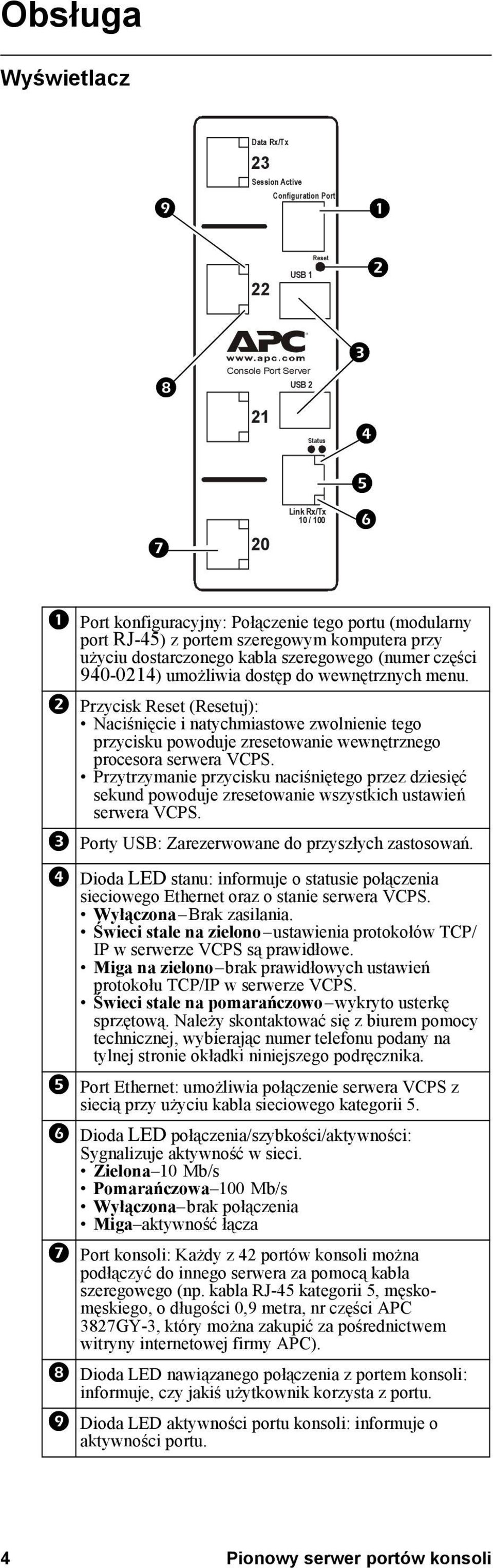 Przycisk Reset (Resetuj): Naciśnięcie i natychmiastowe zwolnienie tego przycisku powoduje zresetowanie wewnętrznego procesora serwera VCPS.