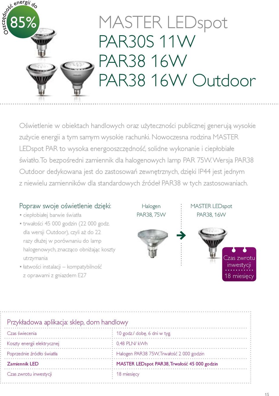Wersja PAR38 Outdoor dedykowana jest do zastosowań zewnętrznych, dzięki IP44 jest jednym z niewielu zamienników dla standardowych źródeł PAR38 w tych zastosowaniach.