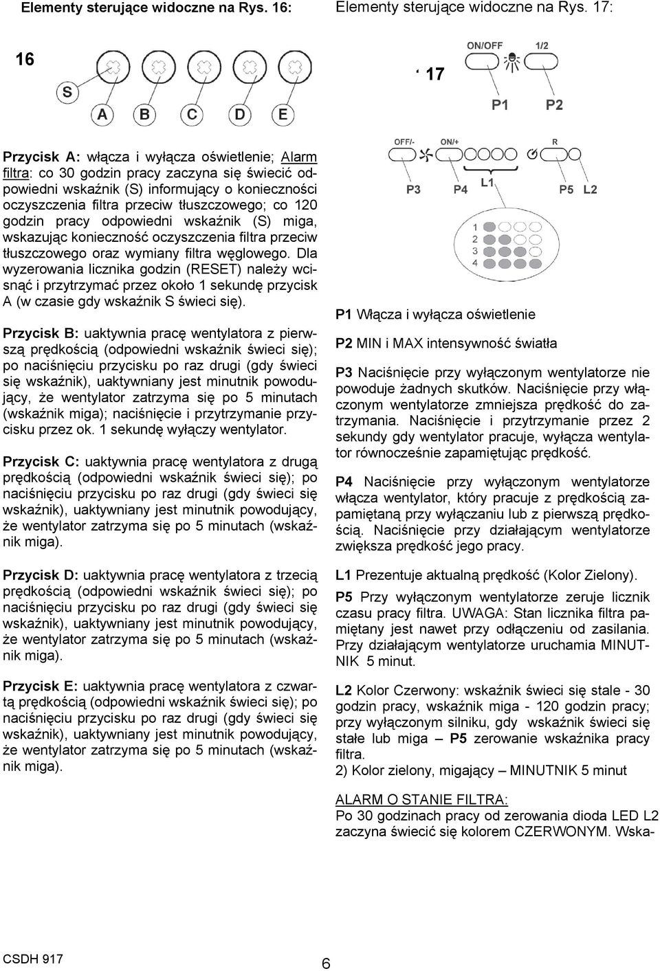 co 120 godzin pracy odpowiedni wskaźnik (S) miga, wskazując konieczność oczyszczenia filtra przeciw tłuszczowego oraz wymiany filtra węglowego.