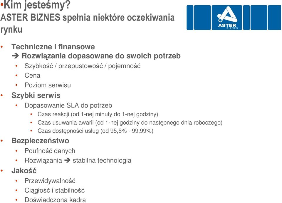 przepustowość / pojemność Cena Poziom serwisu Szybki serwis Dopasowanie SLA do potrzeb Czas reakcji (od 1-nej minuty do 1-nej