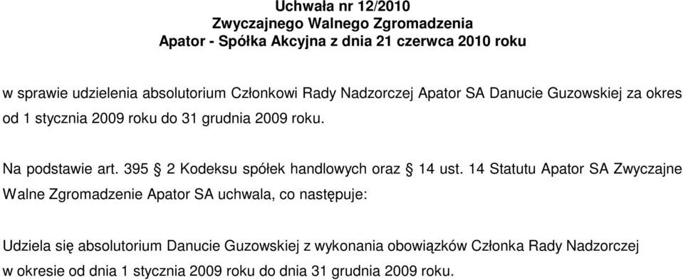 14 Statutu Apator SA Zwyczajne Walne Zgromadzenie Apator SA uchwala, co następuje: Udziela się absolutorium Danucie