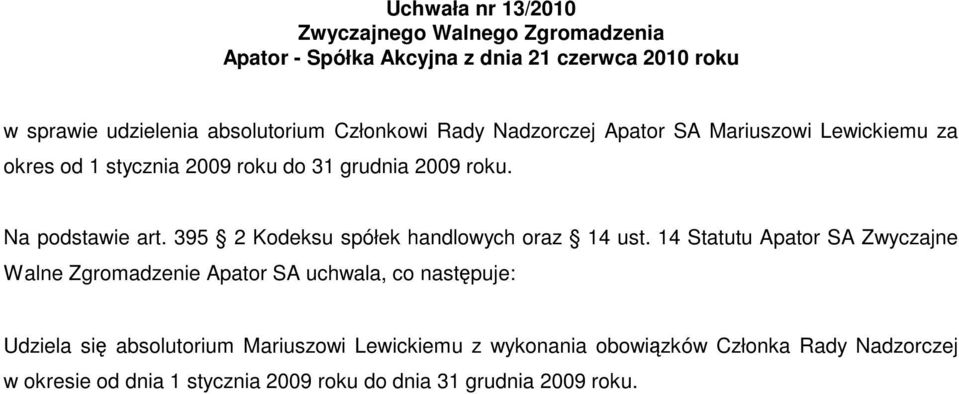 14 Statutu Apator SA Zwyczajne Walne Zgromadzenie Apator SA uchwala, co następuje: Udziela się absolutorium Mariuszowi