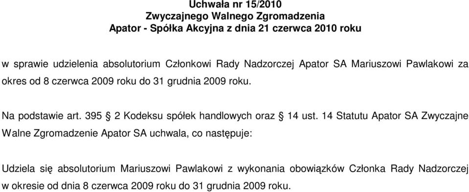 14 Statutu Apator SA Zwyczajne Walne Zgromadzenie Apator SA uchwala, co następuje: Udziela się absolutorium