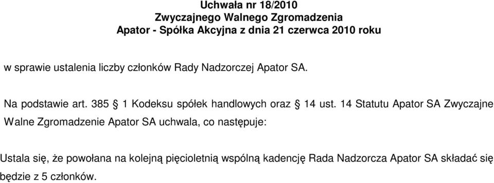 14 Statutu Apator SA Zwyczajne Walne Zgromadzenie Apator SA uchwala, co następuje: