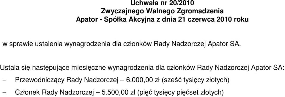 Ustala się następujące miesięczne wynagrodzenia dla członków Rady Nadzorczej