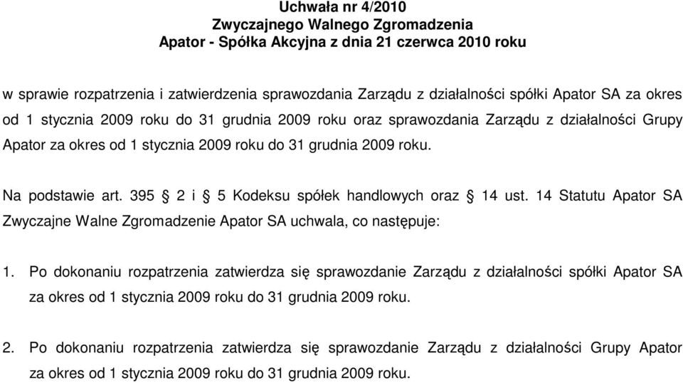 14 Statutu Apator SA Zwyczajne Walne Zgromadzenie Apator SA uchwala, co następuje: 1.