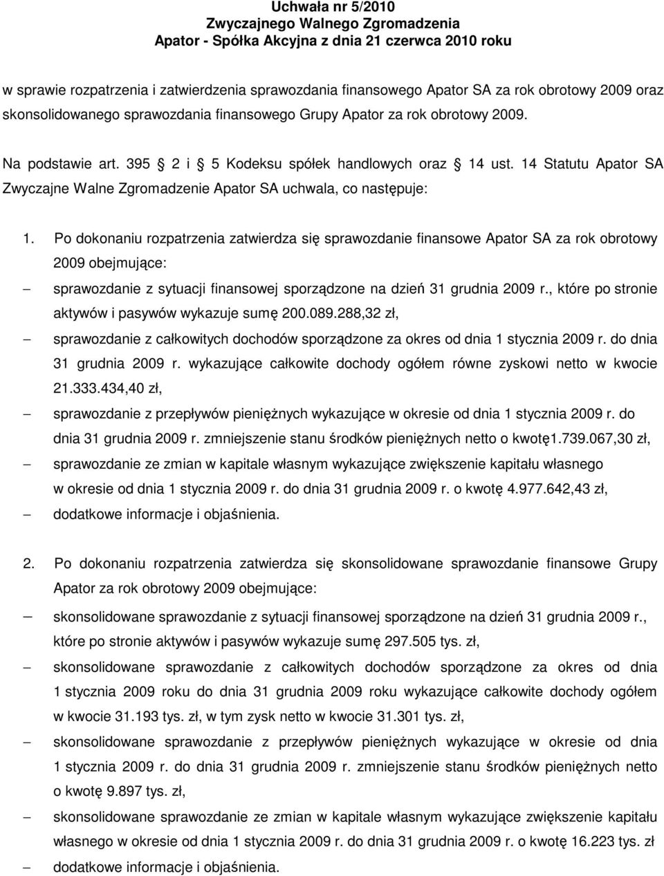 Po dokonaniu rozpatrzenia zatwierdza się sprawozdanie finansowe Apator SA za rok obrotowy 2009 obejmujące: sprawozdanie z sytuacji finansowej sporządzone na dzień 31 grudnia 2009 r.